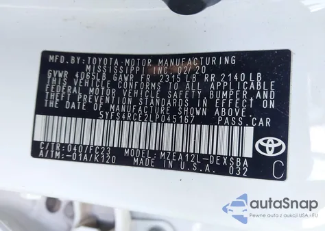 2020 Toyota Corolla Se из США, поврежденный, VIN 5YFS4RCE2LP045167